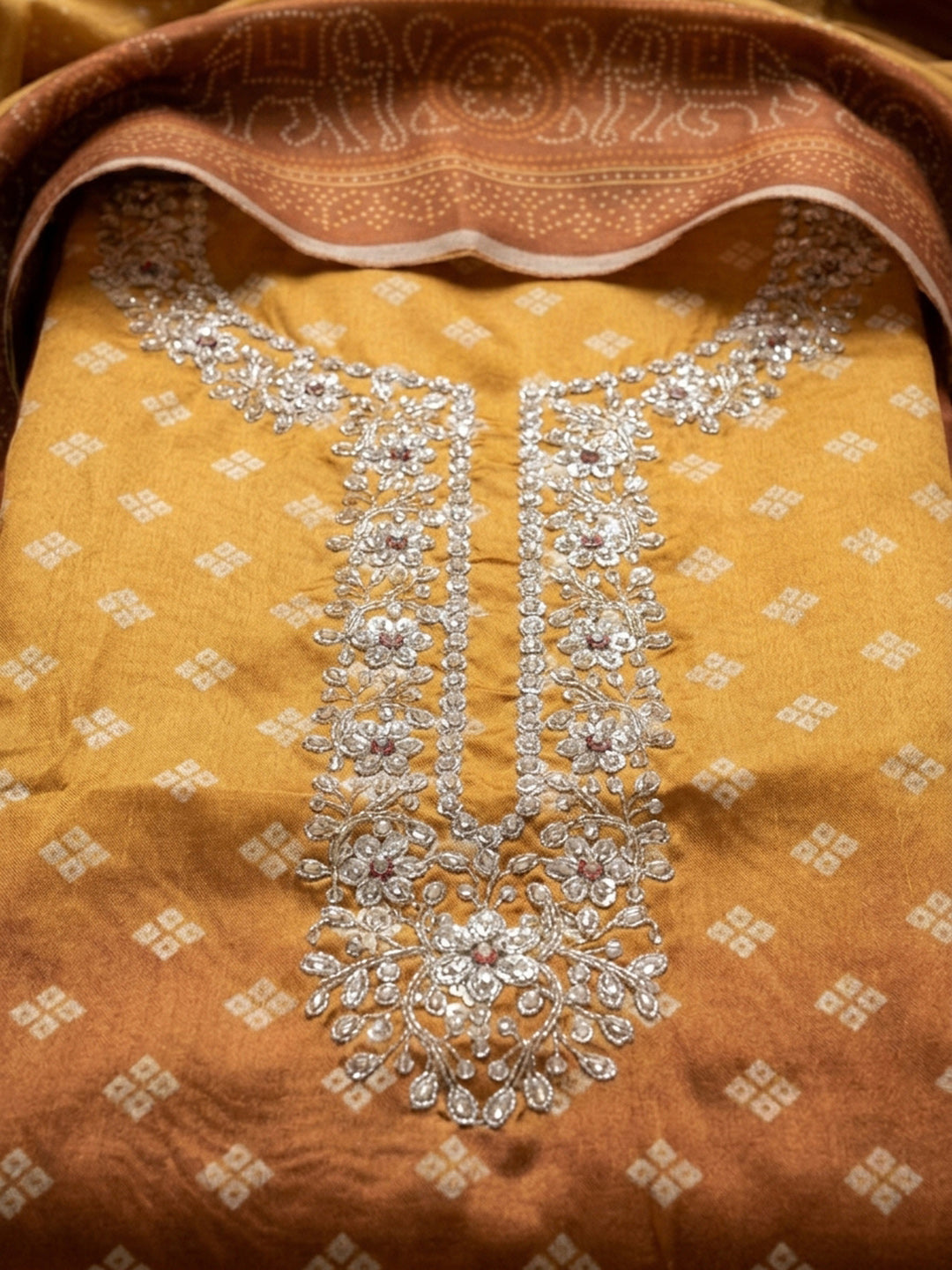 Rust Embroidery Chanderi Unstitched Dress Material