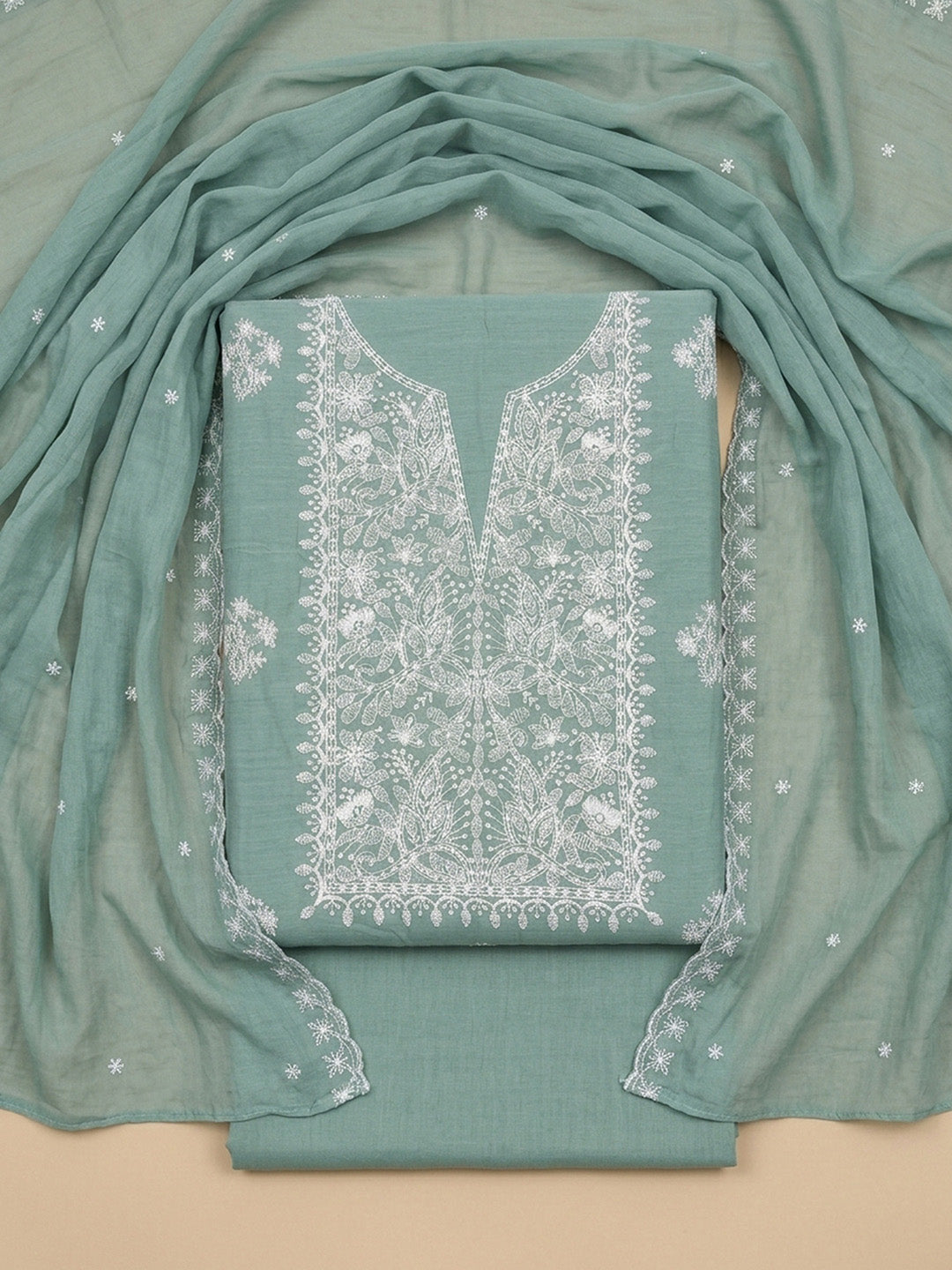 Aqua Green Embroidery Chanderi Unstitched Dress Material