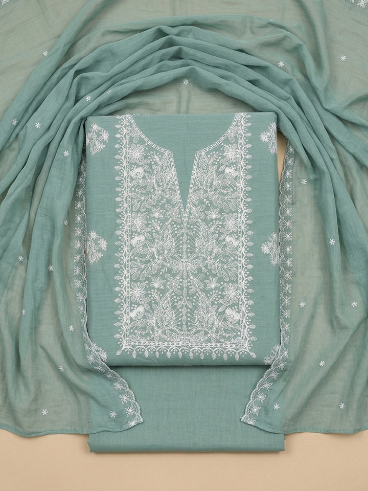 Aqua Green Embroidery Chanderi Unstitched Dress Material