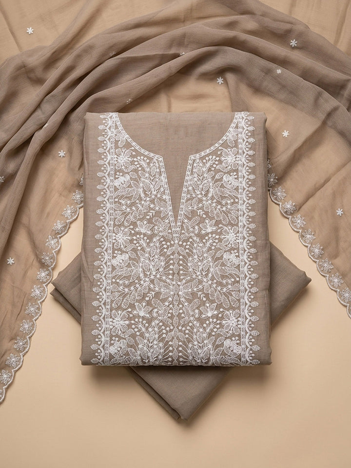 Chikoo Embroidery Chanderi Unstitched Dress Material