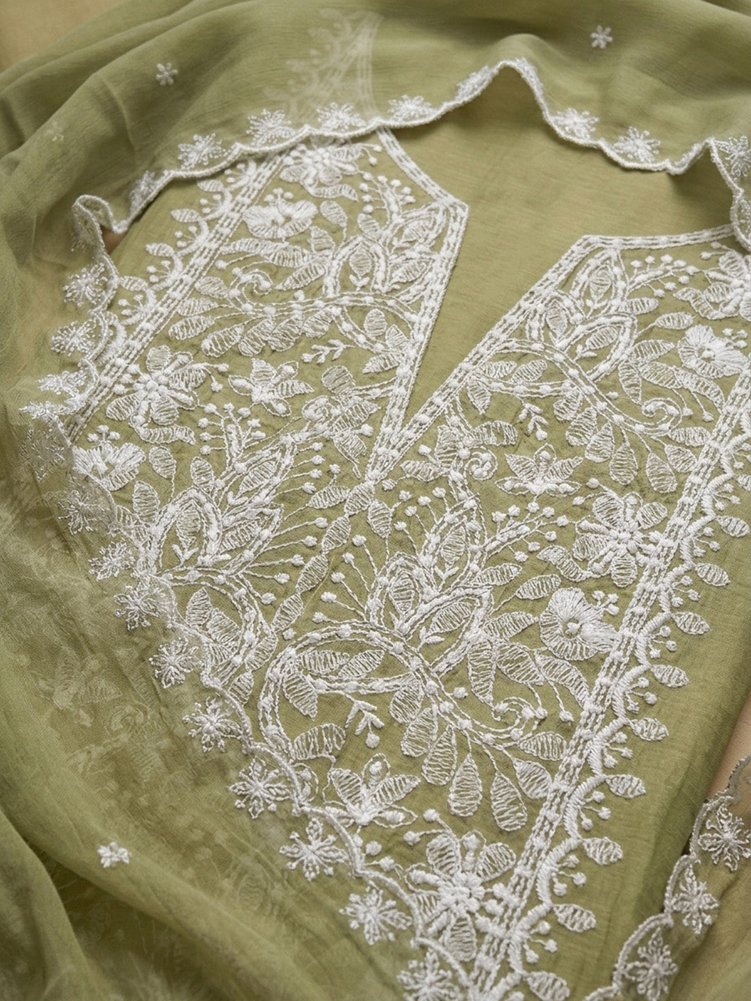 Mehndi Embroidery Chanderi Unstitched Dress Material
