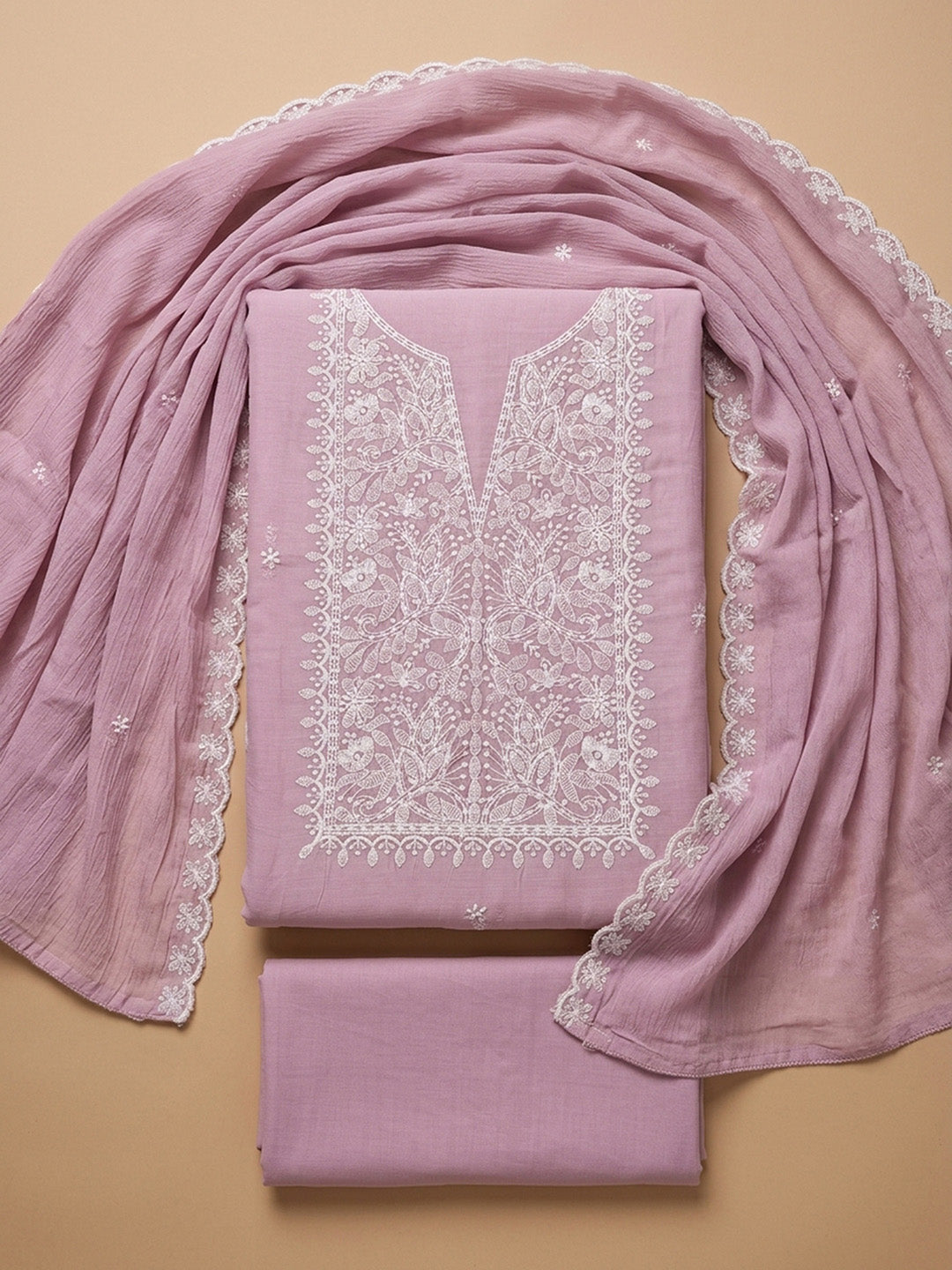 Pink Embroidery Chanderi Unstitched Dress Material