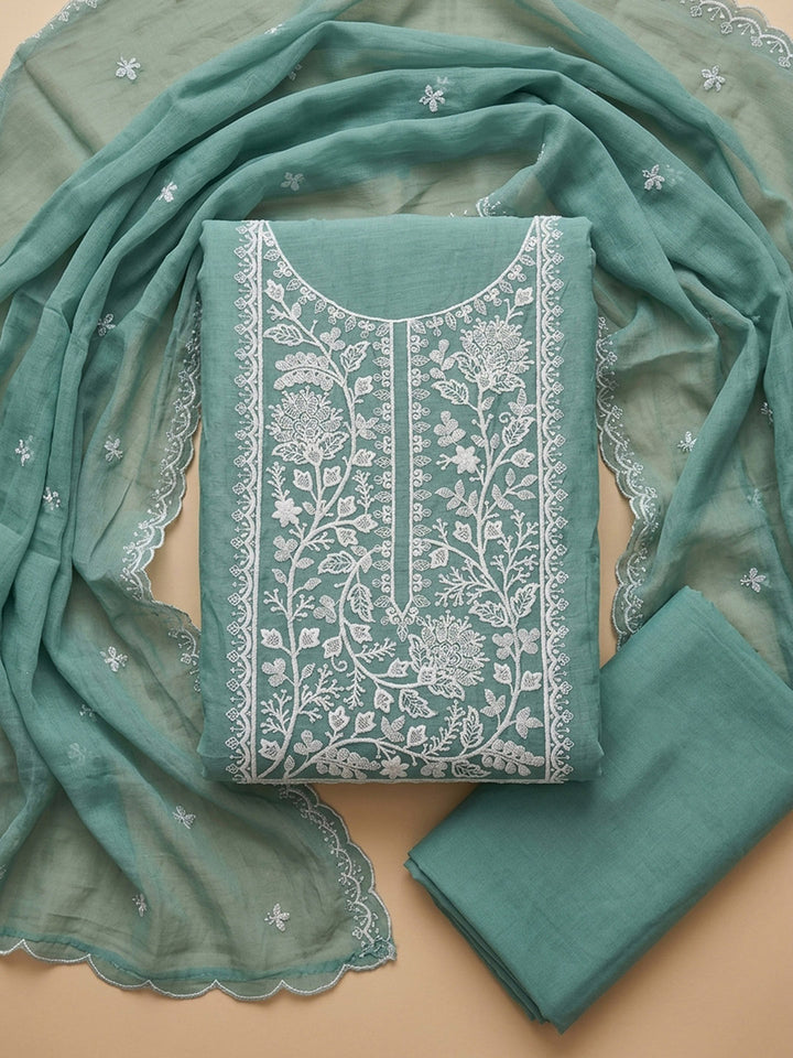 Aqua Green Embroidery Chanderi Unstitched Dress Material