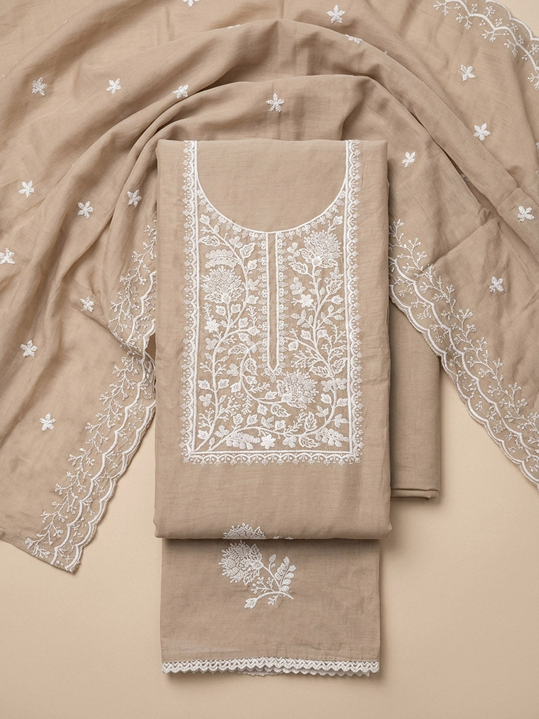 Chikoo Embroidery Chanderi Unstitched Dress Material