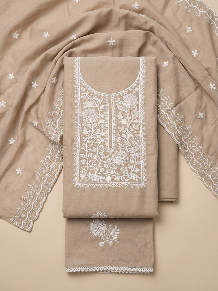 Chikoo Embroidery Chanderi Unstitched Dress Material