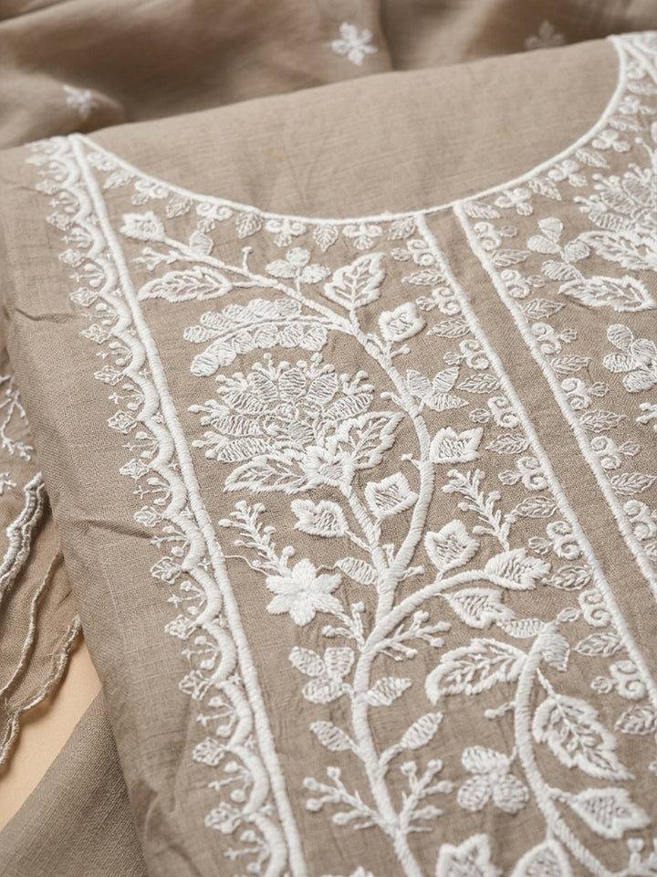 Chikoo Embroidery Chanderi Unstitched Dress Material