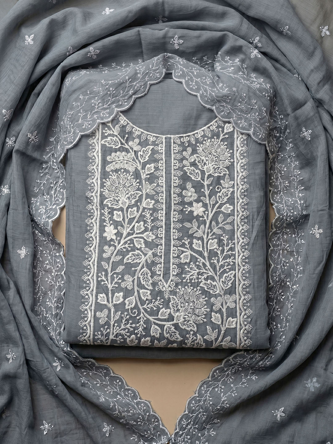 Grey Embroidery Chanderi Unstitched Dress Material