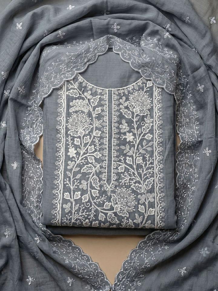 Grey Embroidery Chanderi Unstitched Dress Material