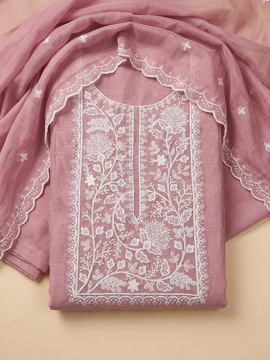 Peach Embroidery Chanderi Unstitched Dress Material