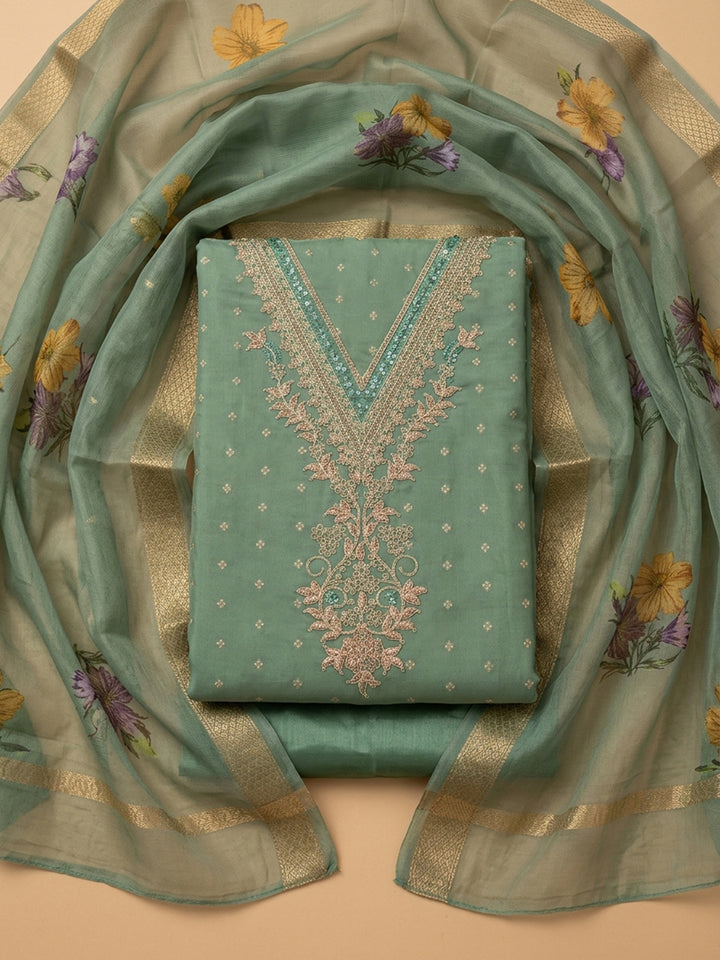 Aqua Green Embroidered Chanderi Unstitched Suit &amp; Pant With Chiffon Dupatta