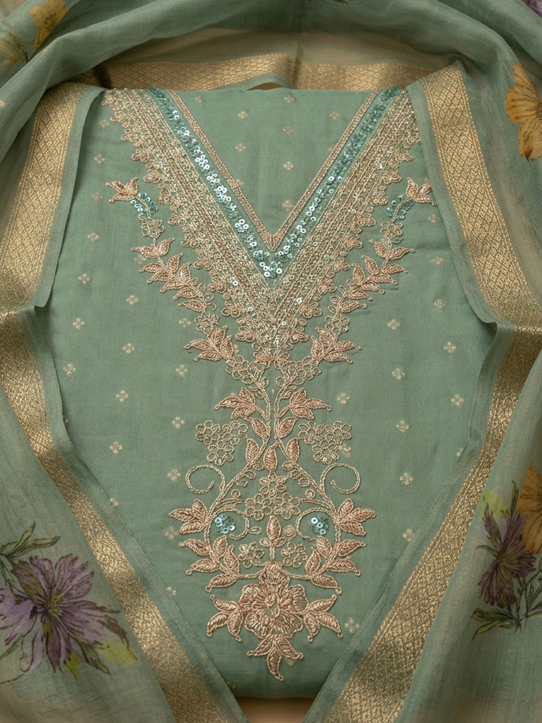 Aqua Green Embroidered Chanderi Unstitched Suit &amp; Pant With Chiffon Dupatta