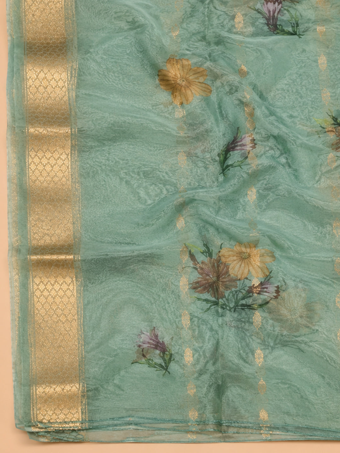 Aqua Green Embroidered Chanderi Unstitched Suit &amp; Pant With Chiffon Dupatta