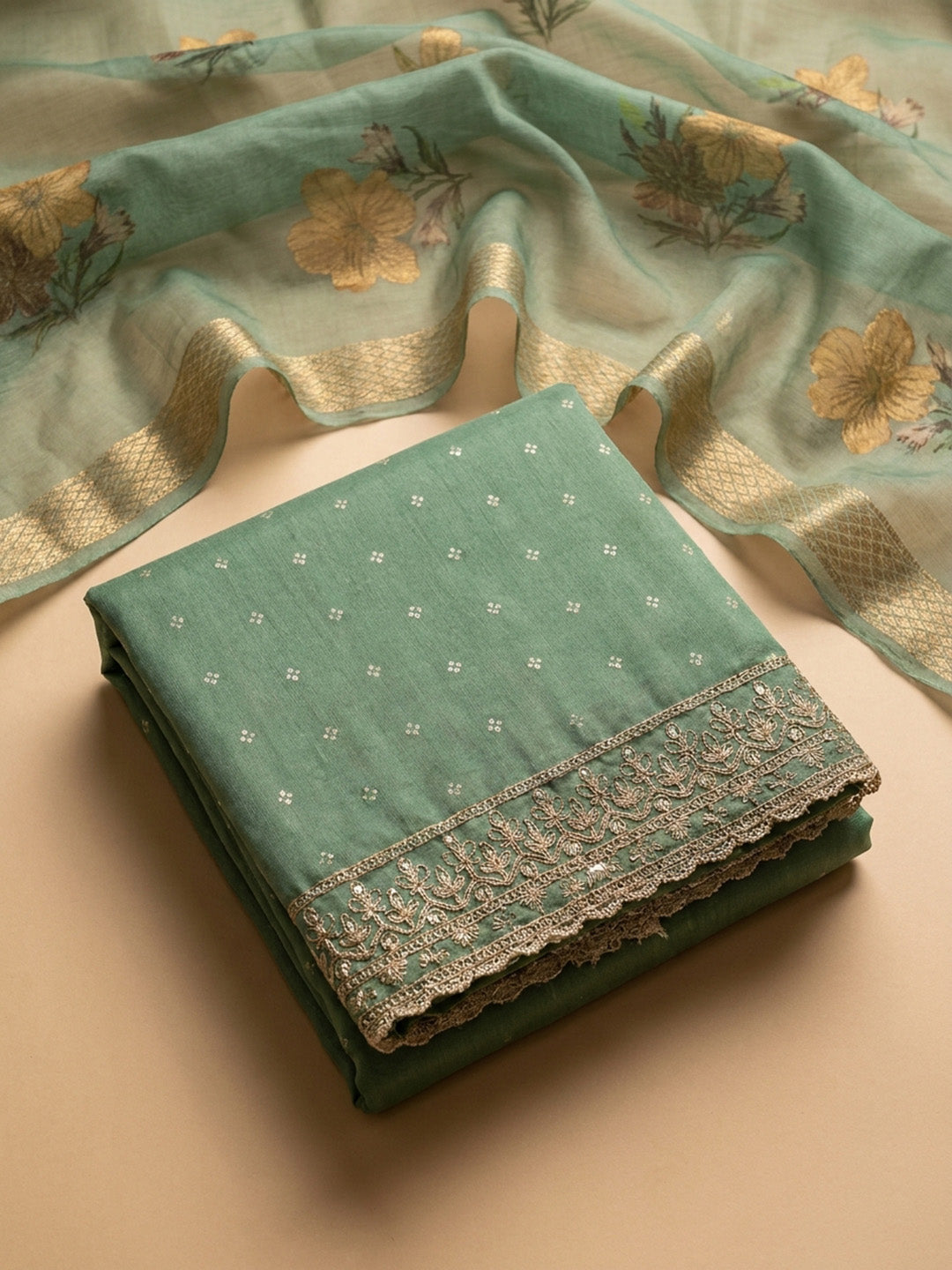 Aqua Green Embroidered Chanderi Unstitched Suit &amp; Pant With Chiffon Dupatta