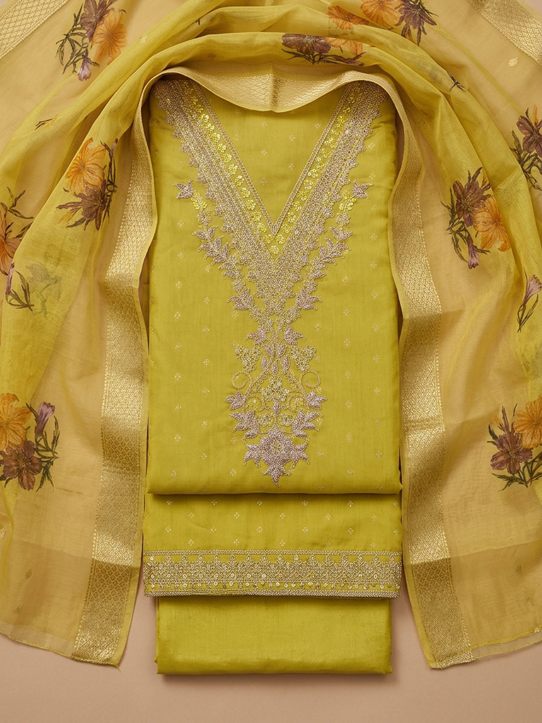 Lemon Embroidered Chanderi Unstitched Suit &amp; Pant With Chiffon Dupatta