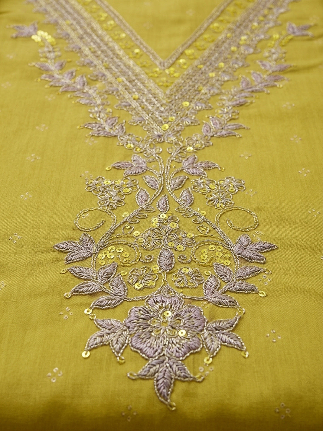 Lemon Embroidered Chanderi Unstitched Suit &amp; Pant With Chiffon Dupatta