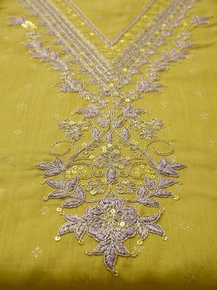 Lemon Embroidered Chanderi Unstitched Suit &amp; Pant With Chiffon Dupatta