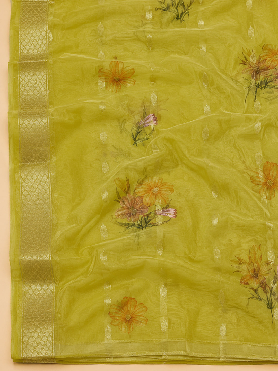 Lemon Embroidered Chanderi Unstitched Suit &amp; Pant With Chiffon Dupatta