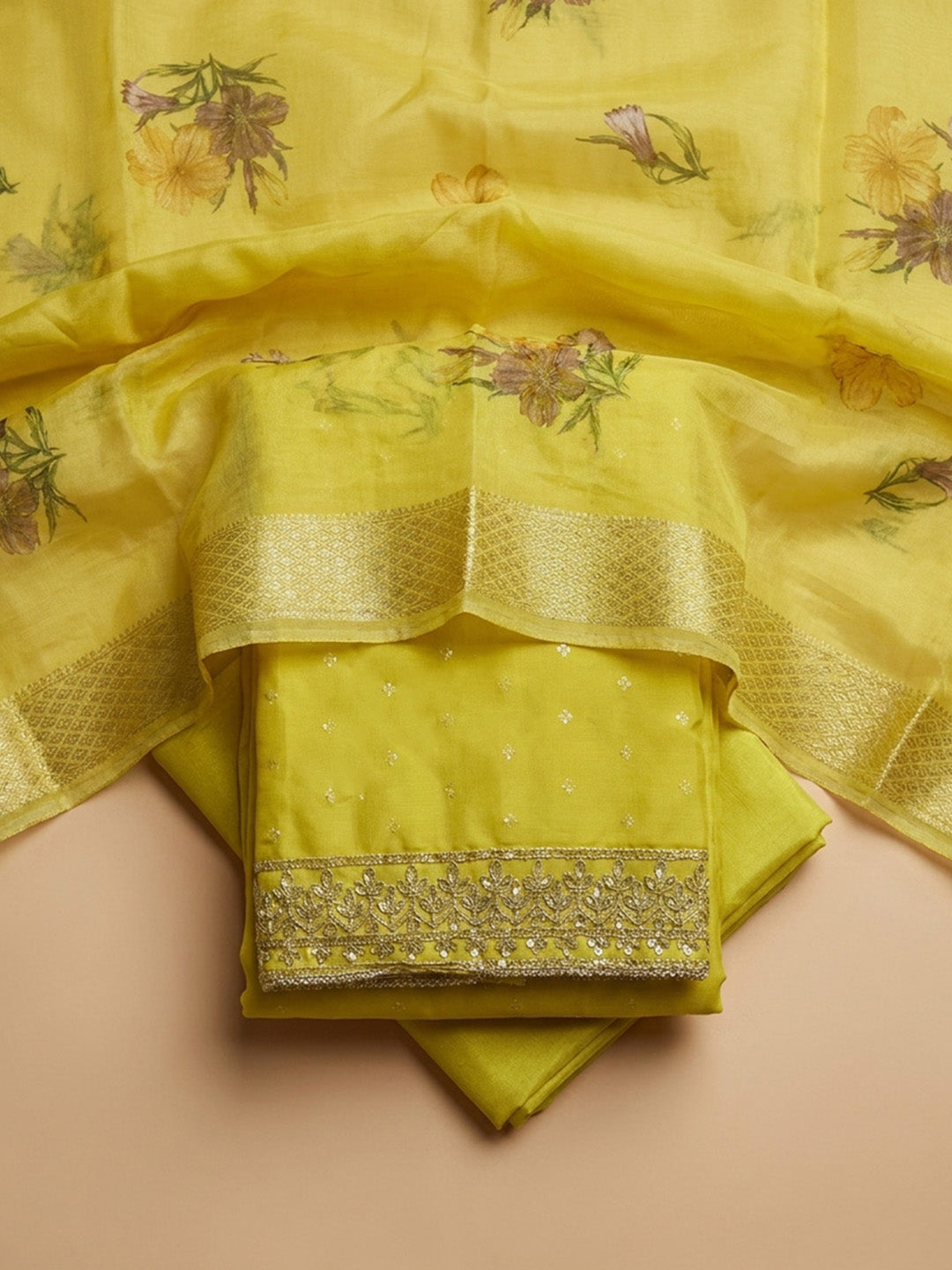 Lemon Embroidered Chanderi Unstitched Suit &amp; Pant With Chiffon Dupatta