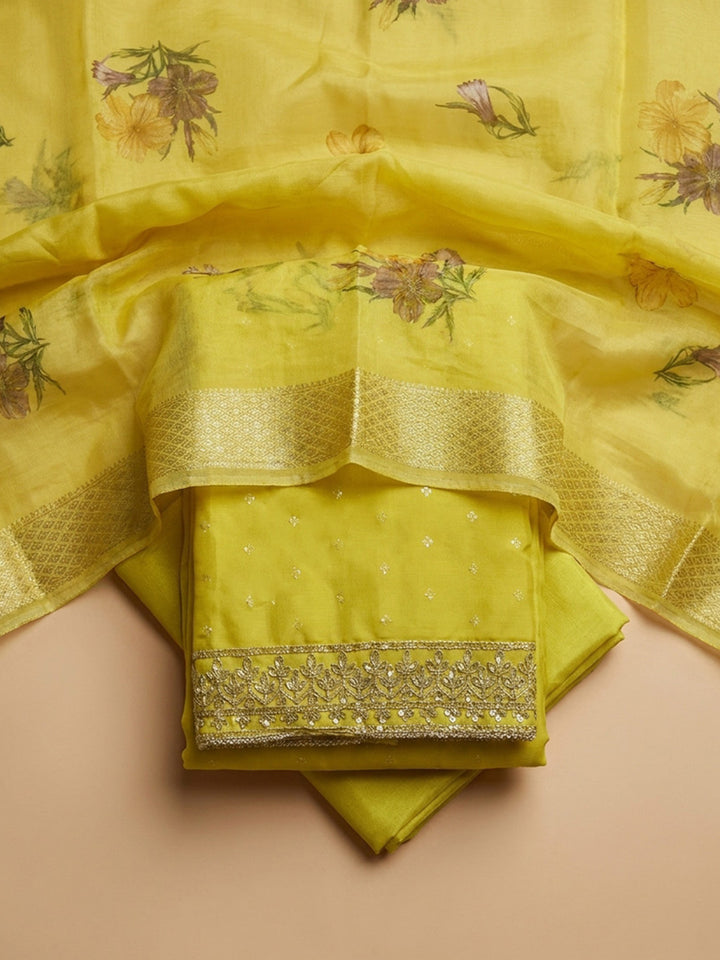 Lemon Embroidered Chanderi Unstitched Suit &amp; Pant With Chiffon Dupatta