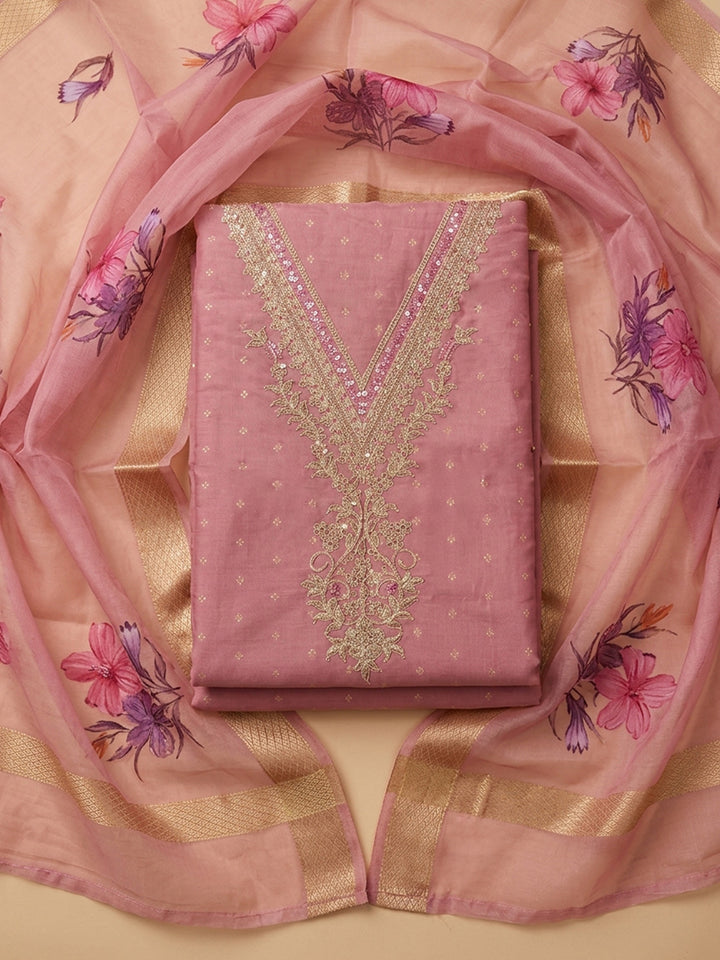 Onion Pink Embroidered Chanderi Unstitched Suit &amp; Pant With Chiffon Dupatta