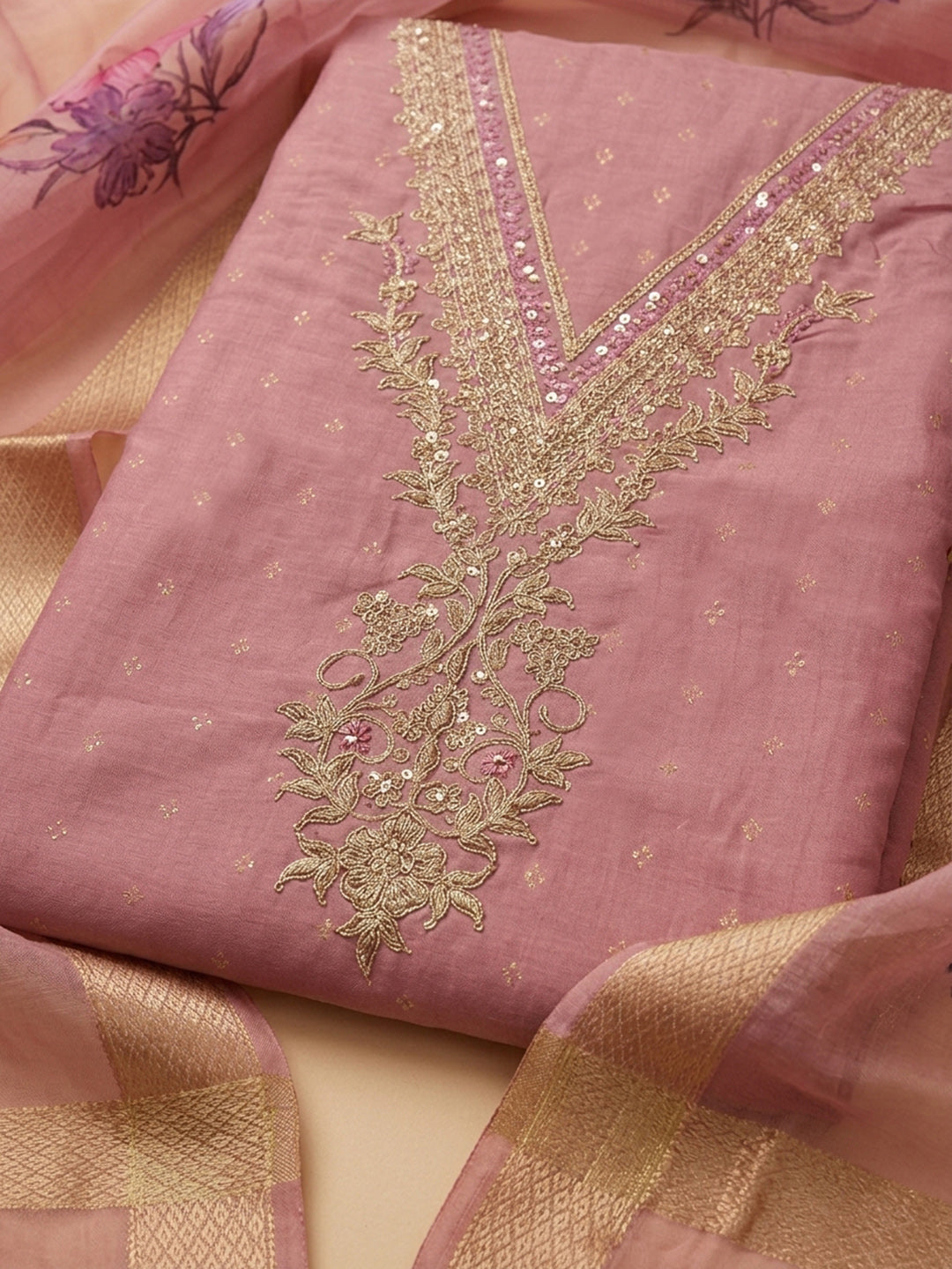 Onion Pink Embroidered Chanderi Unstitched Suit &amp; Pant With Chiffon Dupatta