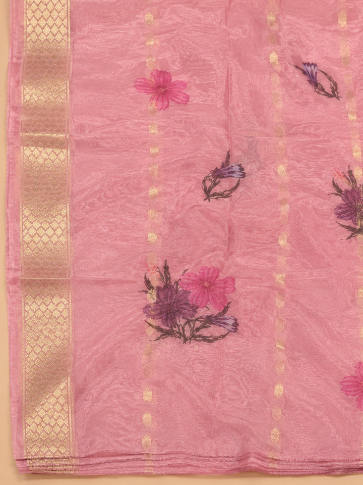 Onion Pink Embroidered Chanderi Unstitched Suit &amp; Pant With Chiffon Dupatta