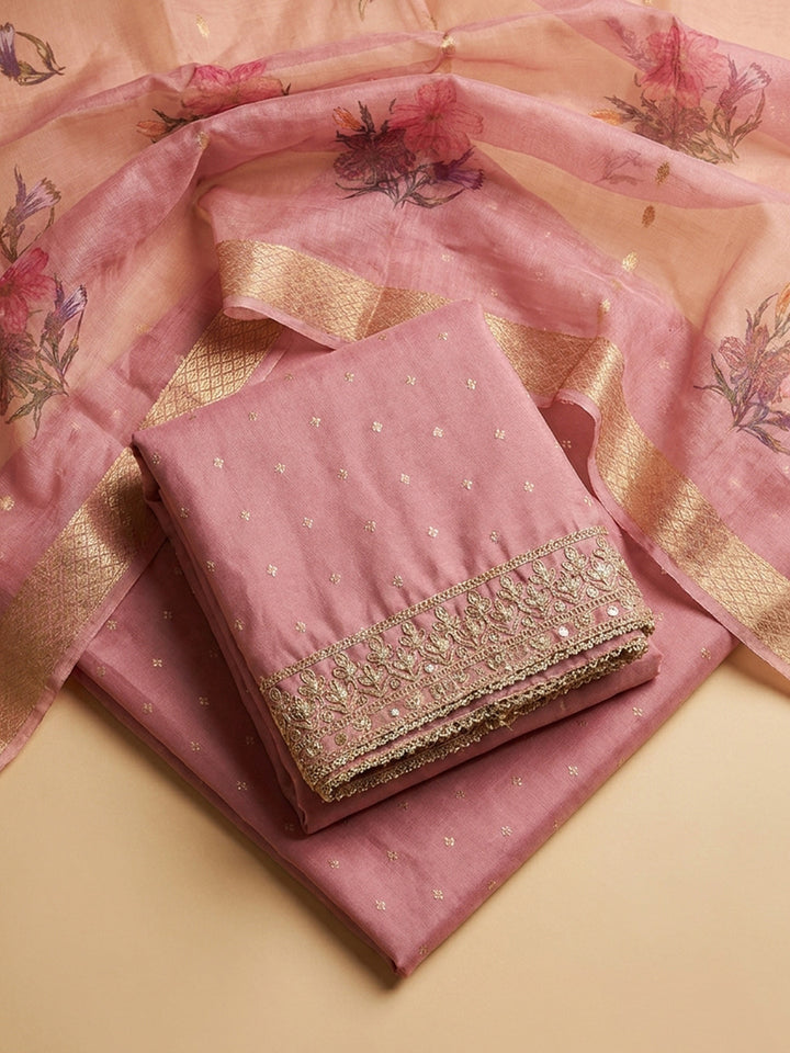 Onion Pink Embroidered Chanderi Unstitched Suit &amp; Pant With Chiffon Dupatta
