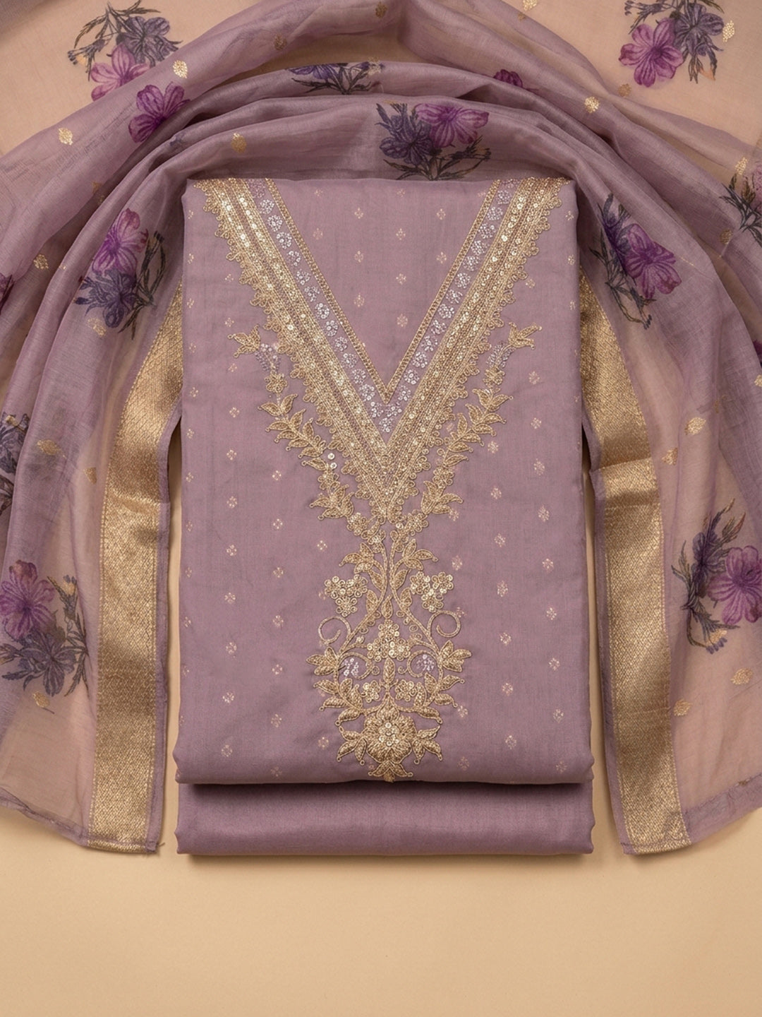 Purple Embroidered Chanderi Unstitched Suit &amp; Pant With Chiffon Dupatta