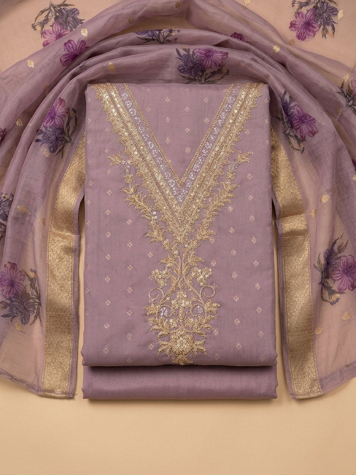 Purple Embroidered Chanderi Unstitched Suit &amp; Pant With Chiffon Dupatta