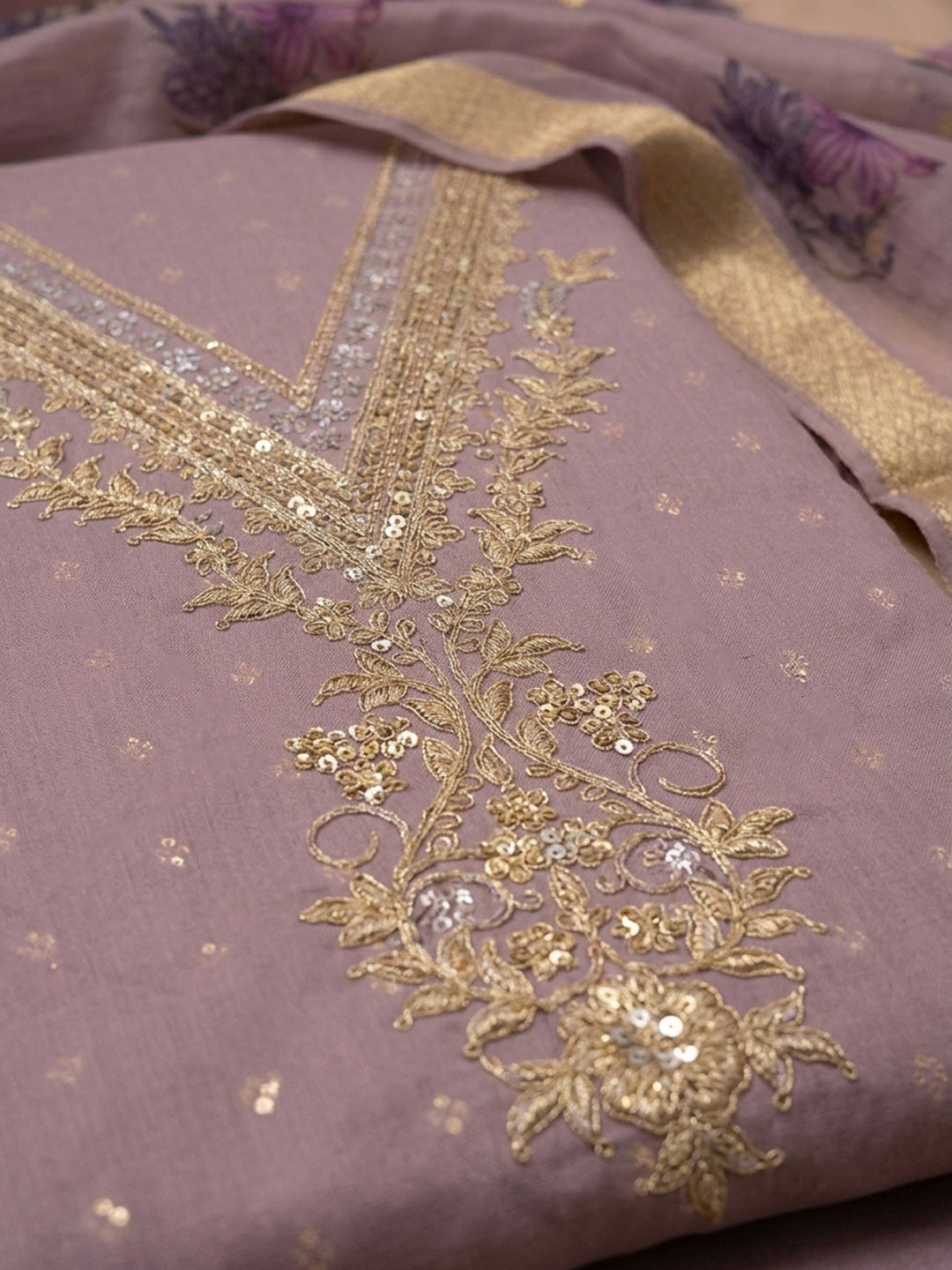 Purple Embroidered Chanderi Unstitched Suit &amp; Pant With Chiffon Dupatta