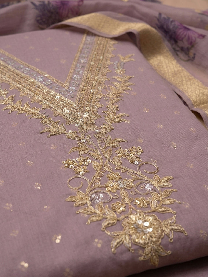 Purple Embroidered Chanderi Unstitched Suit &amp; Pant With Chiffon Dupatta
