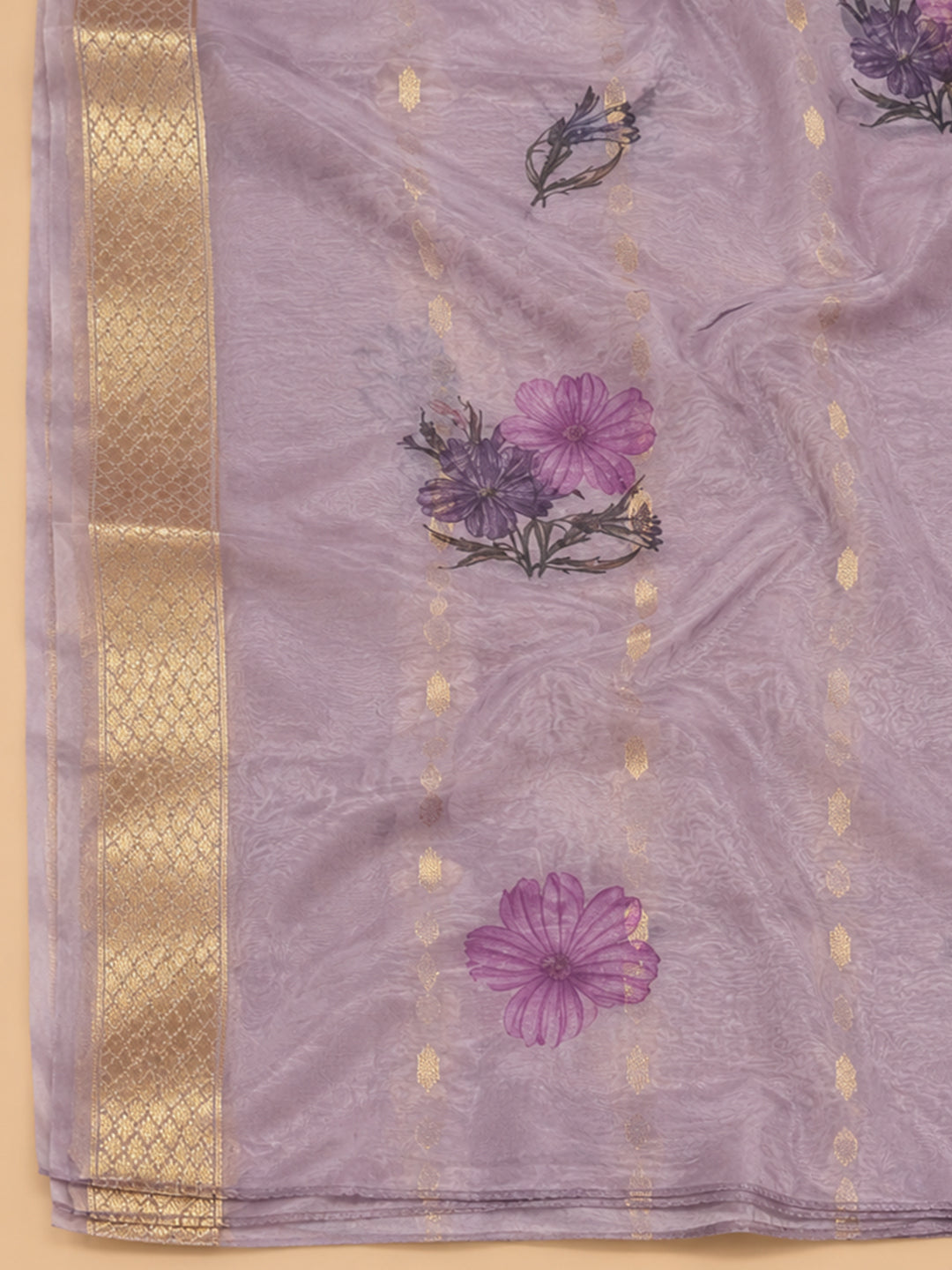 Purple Embroidered Chanderi Unstitched Suit &amp; Pant With Chiffon Dupatta