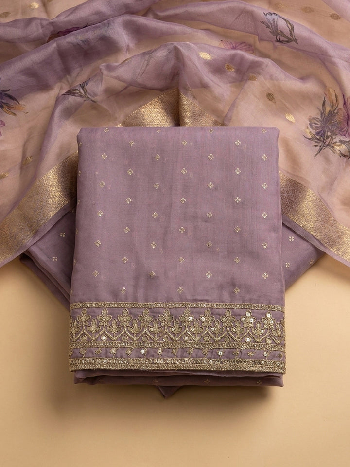 Purple Embroidered Chanderi Unstitched Suit &amp; Pant With Chiffon Dupatta