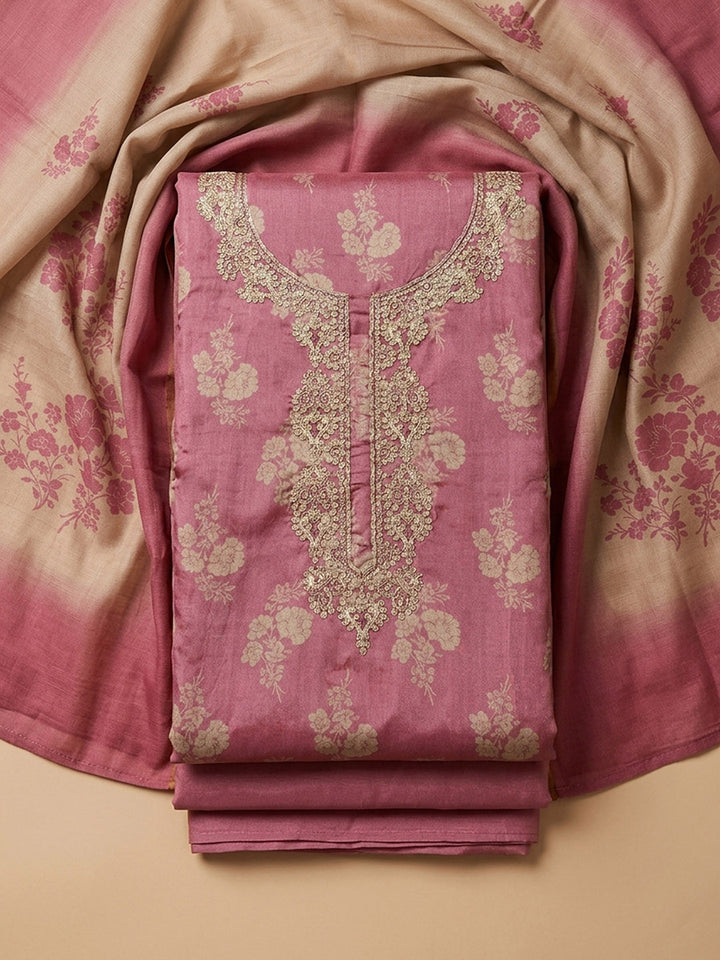 Onion Pink Embroidery Cotton Blend Unstitched Dress Material