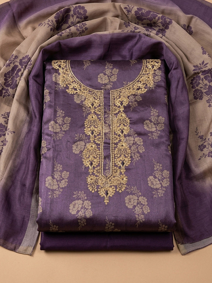 Purple Embroidery Cotton Blend Unstitched Dress Material