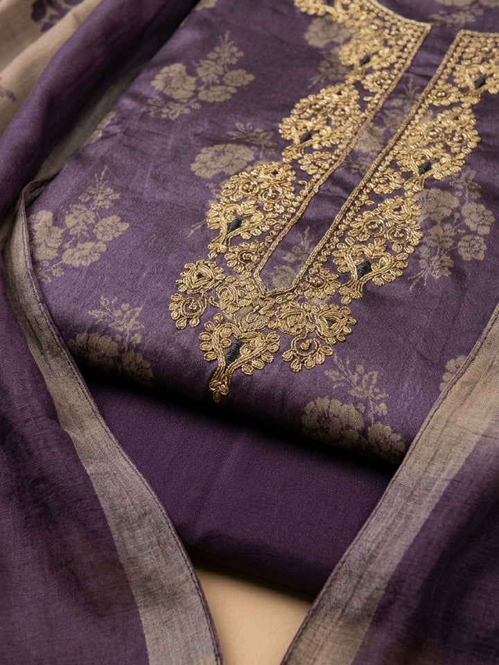 Purple Embroidery Cotton Blend Unstitched Dress Material
