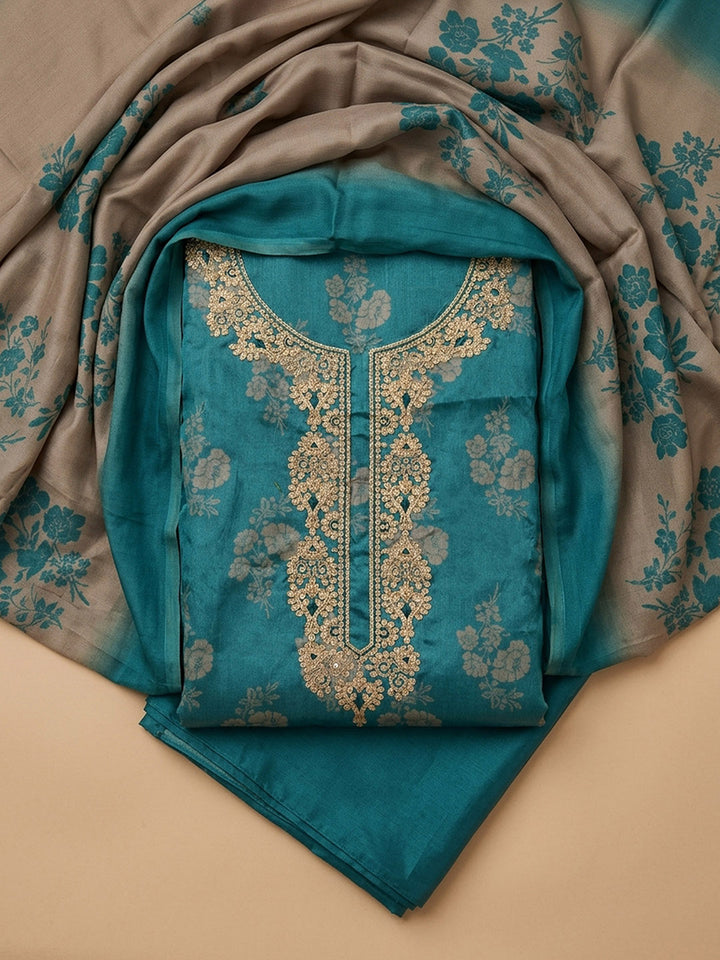 Rama Green Embroidery Cotton Blend Unstitched Dress Material