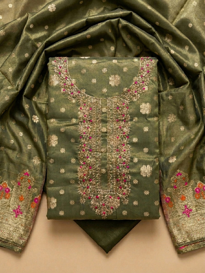 Green Embroidery Tissue Unstitched Dress Material