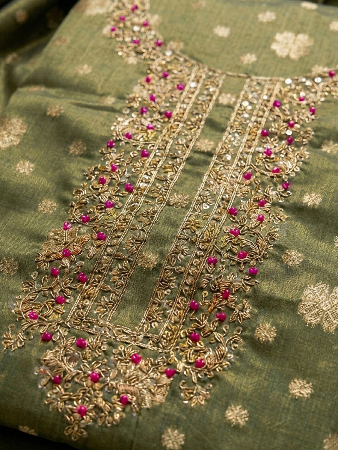 Green Embroidery Tissue Unstitched Dress Material