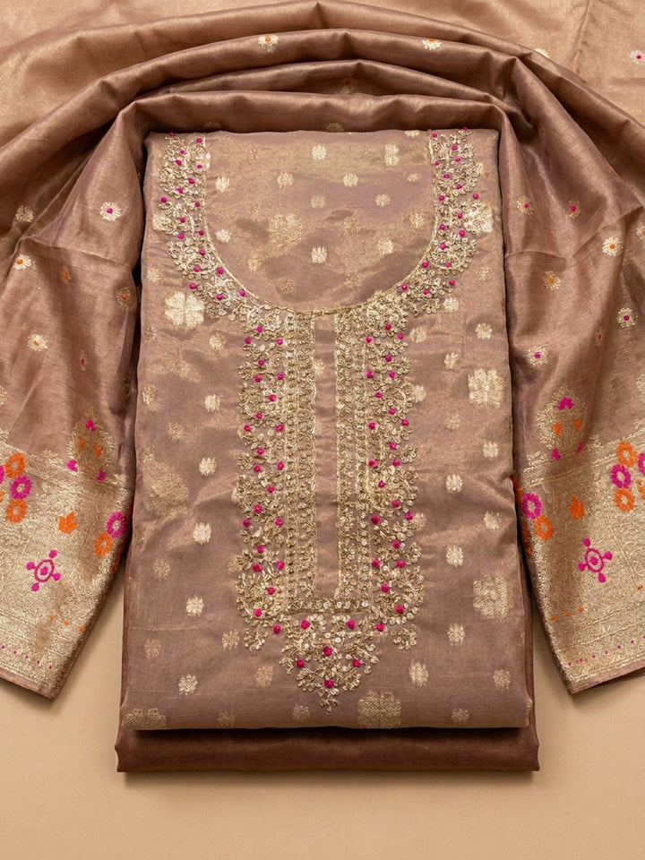 Peach Embroidery Chiffon Unstitched Dress Material