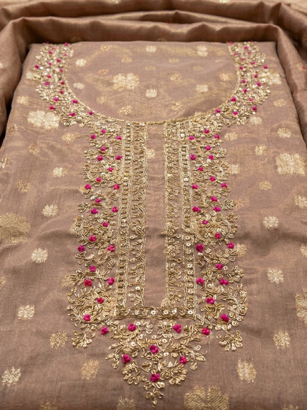 Peach Embroidery Chiffon Unstitched Dress Material