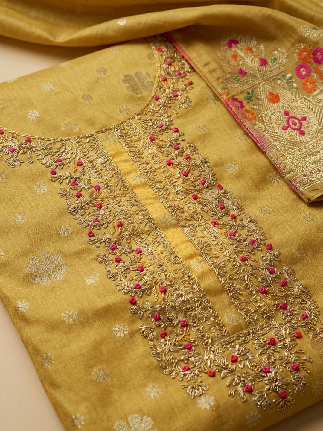 Yellow Embroidery Tissue Unstitched Dress Material