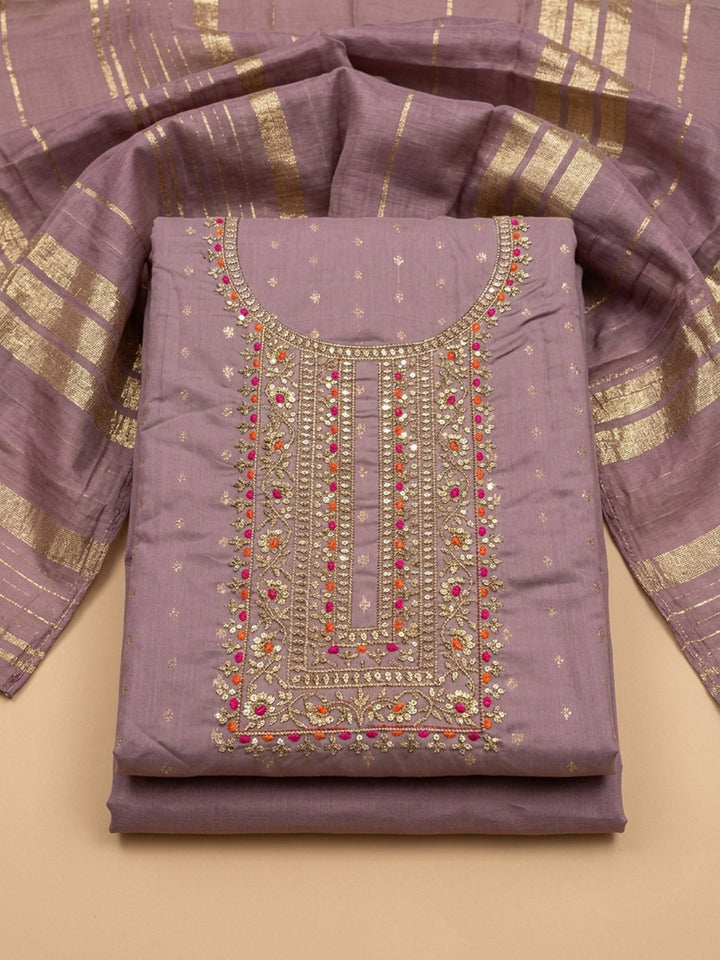 Lavender Embroidery Chanderi Unstitched Dress Material