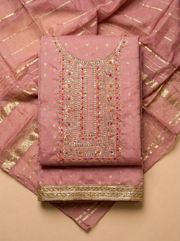 Peach Embroidery Chanderi Unstitched Dress Material