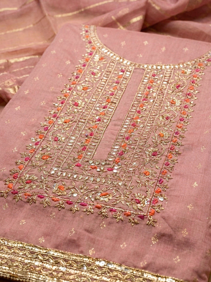Peach Embroidery Chanderi Unstitched Dress Material
