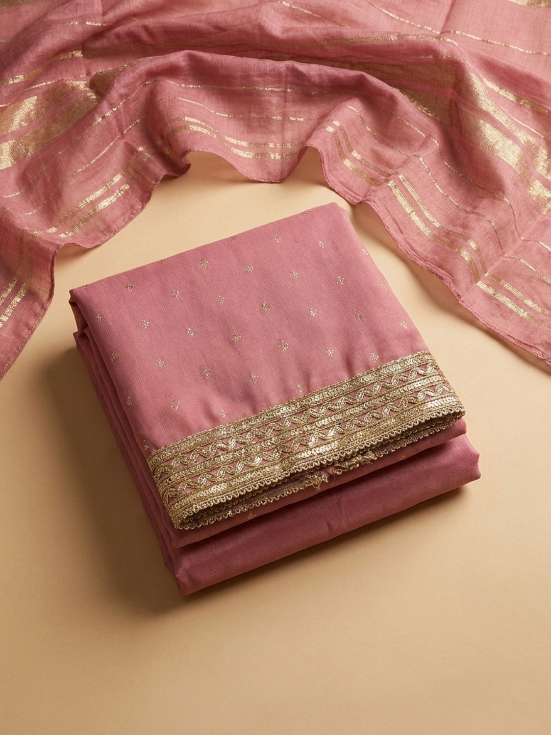 Peach Embroidery Chanderi Unstitched Dress Material