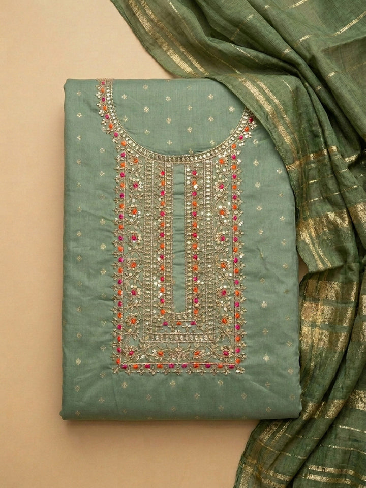 Rama Green Embroidery Chanderi Unstitched Dress Material