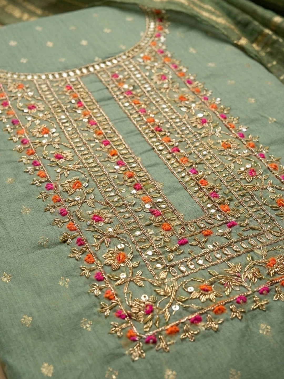 Rama Green Embroidery Chanderi Unstitched Dress Material