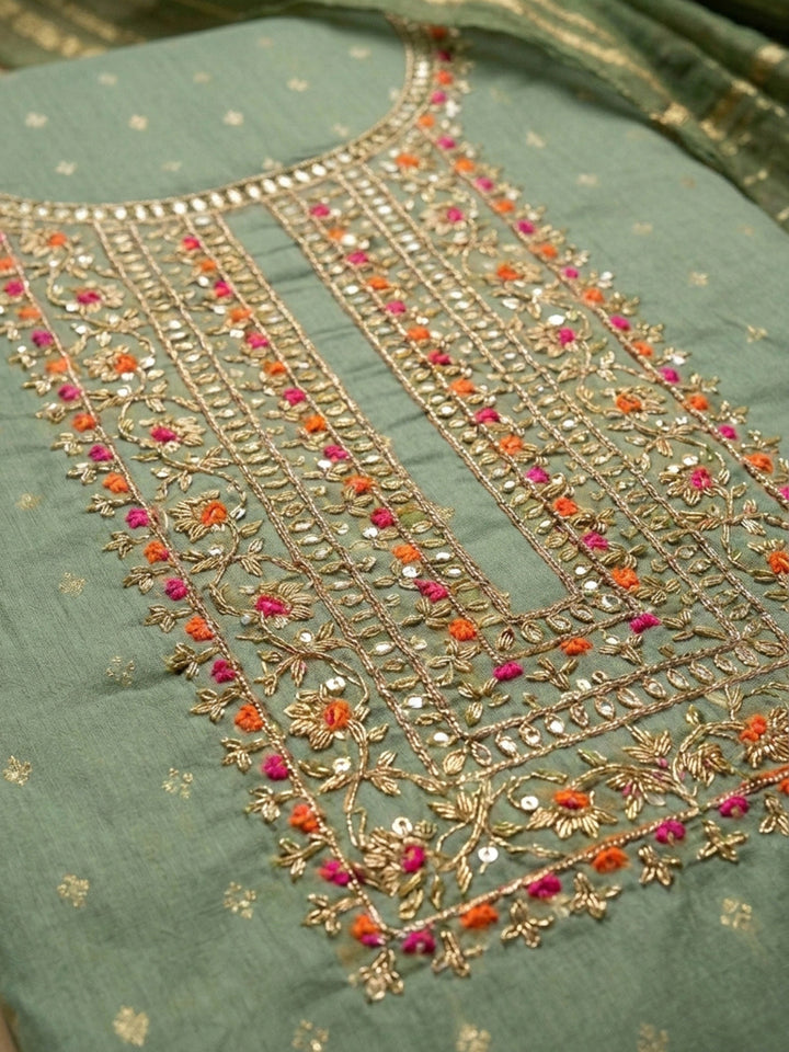 Rama Green Embroidery Chanderi Unstitched Dress Material