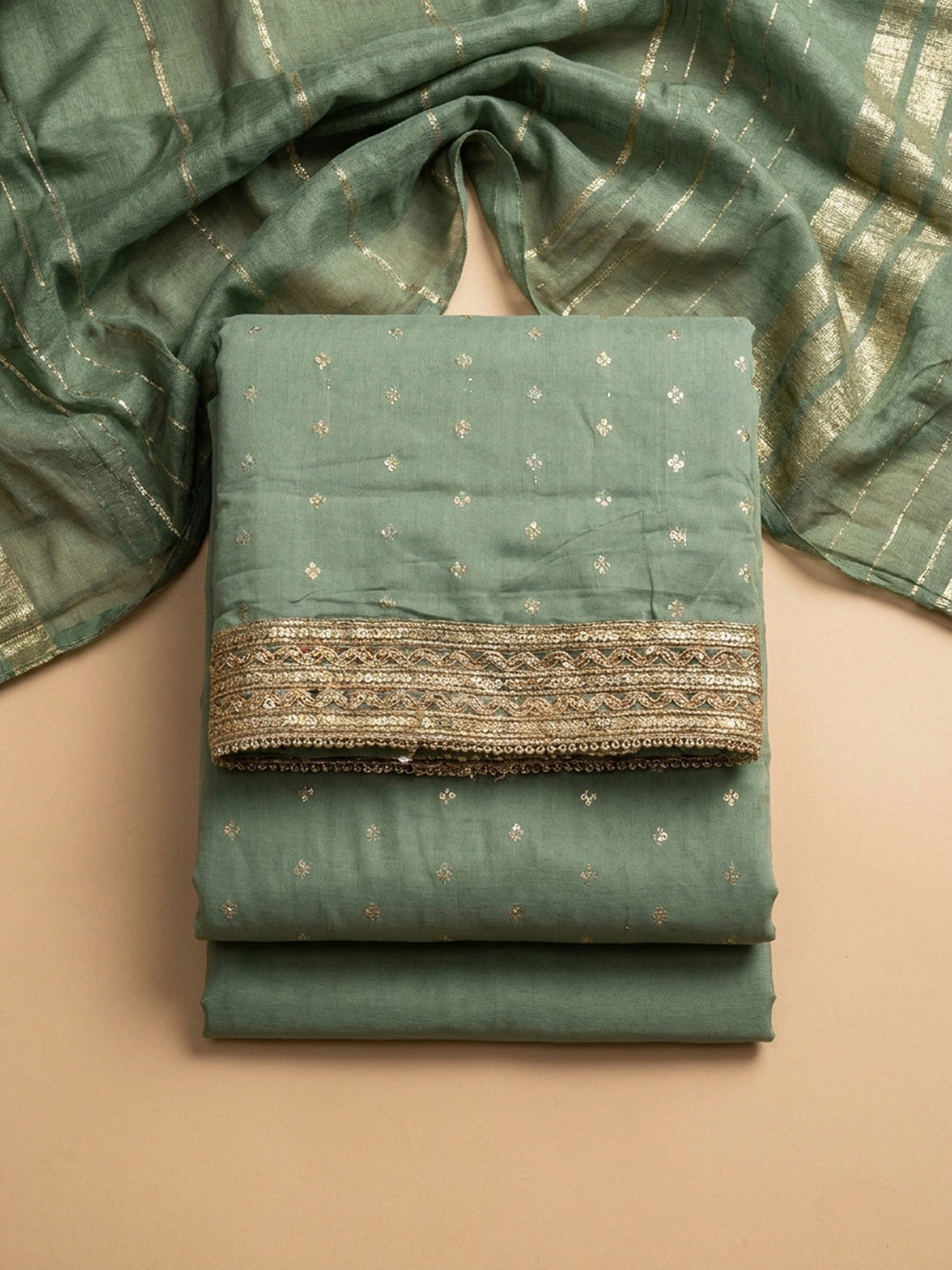 Rama Green Embroidery Chanderi Unstitched Dress Material